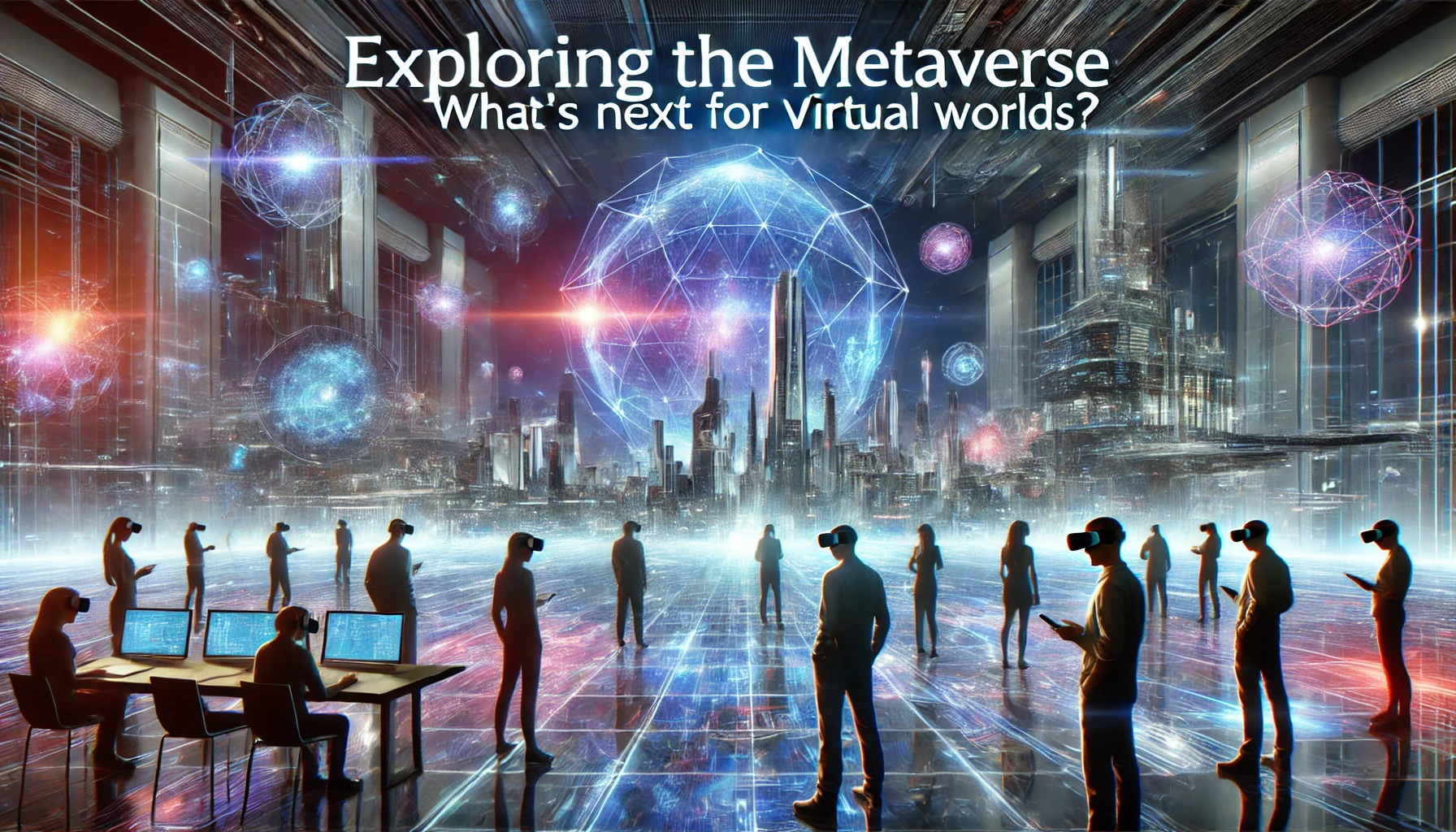 DALL·E 2024 10 07 18.58.18 A visually captivating and futuristic scene representing the concept of the metaverse. The image features a digital landscape with a vast expansive v