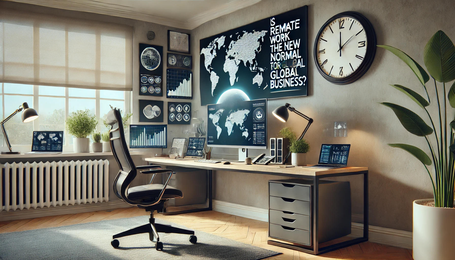 DALL·E 2024 10 07 19.06.26 A modern professional home office setup that illustrates the concept of remote work being the new normal for global business. The scene features a we