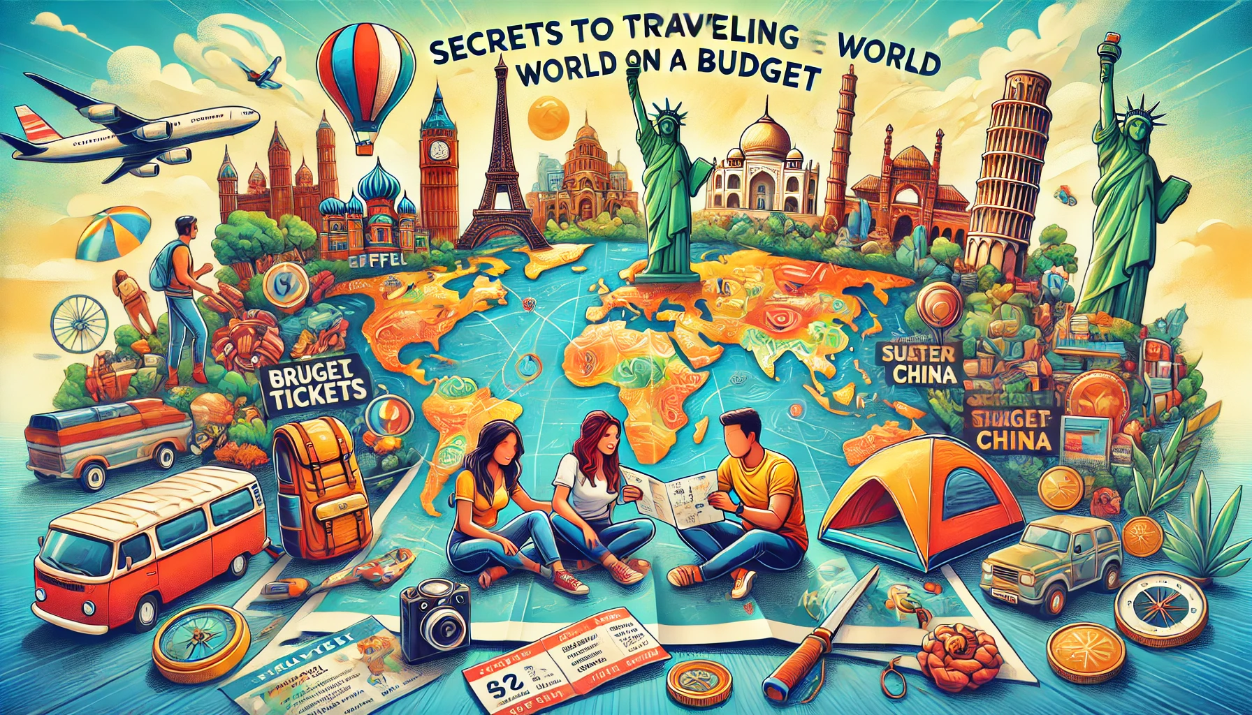 DALL·E 2024 10 07 19.14.11 A vibrant and colorful image illustrating budget travel around the world. The scene features a map of the globe with various iconic landmarks like the