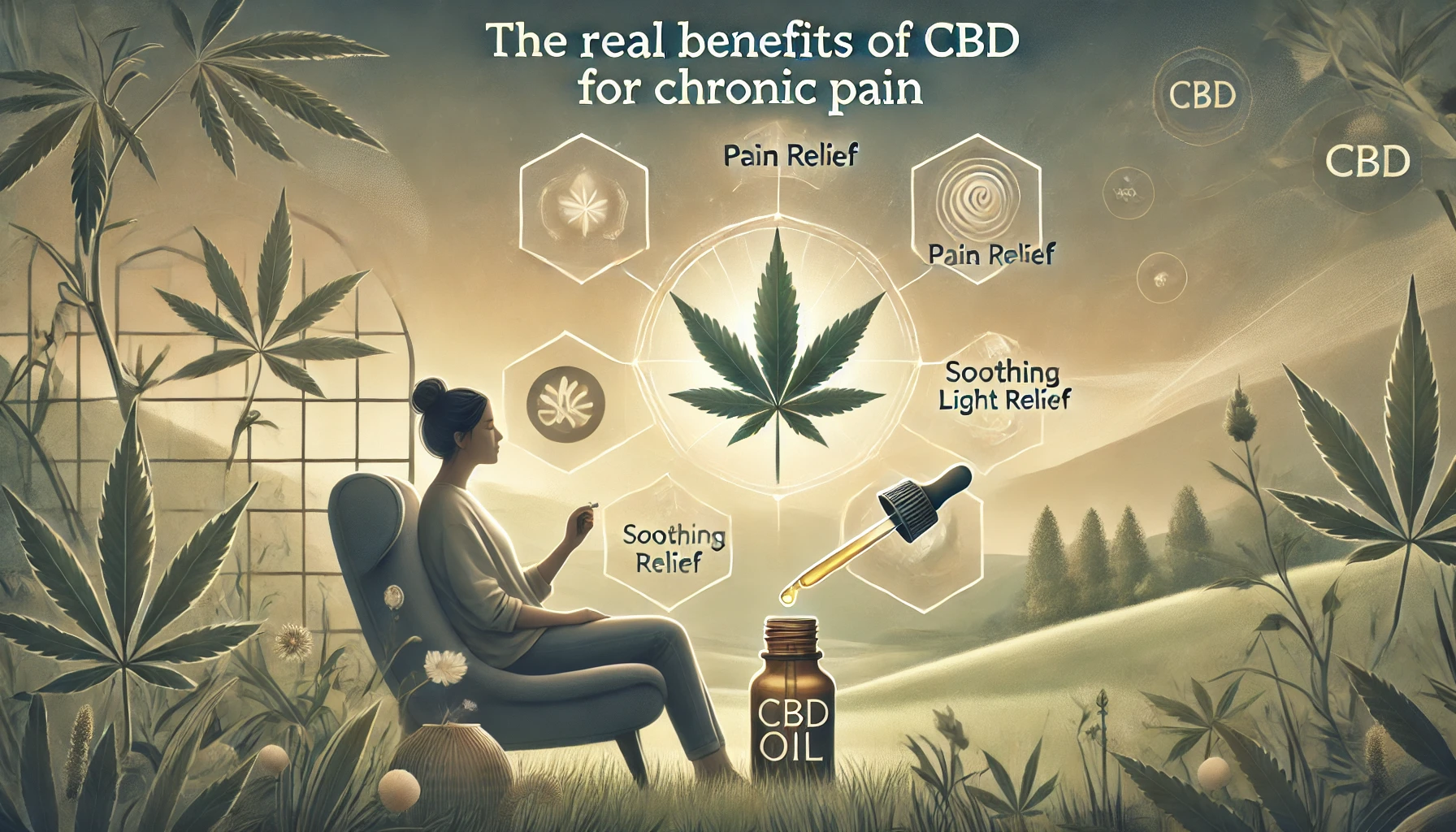 DALL·E 2024 10 07 19.18.47 A calming and informative image depicting the benefits of CBD for chronic pain. The scene features a serene setting with a person in a relaxed pose p