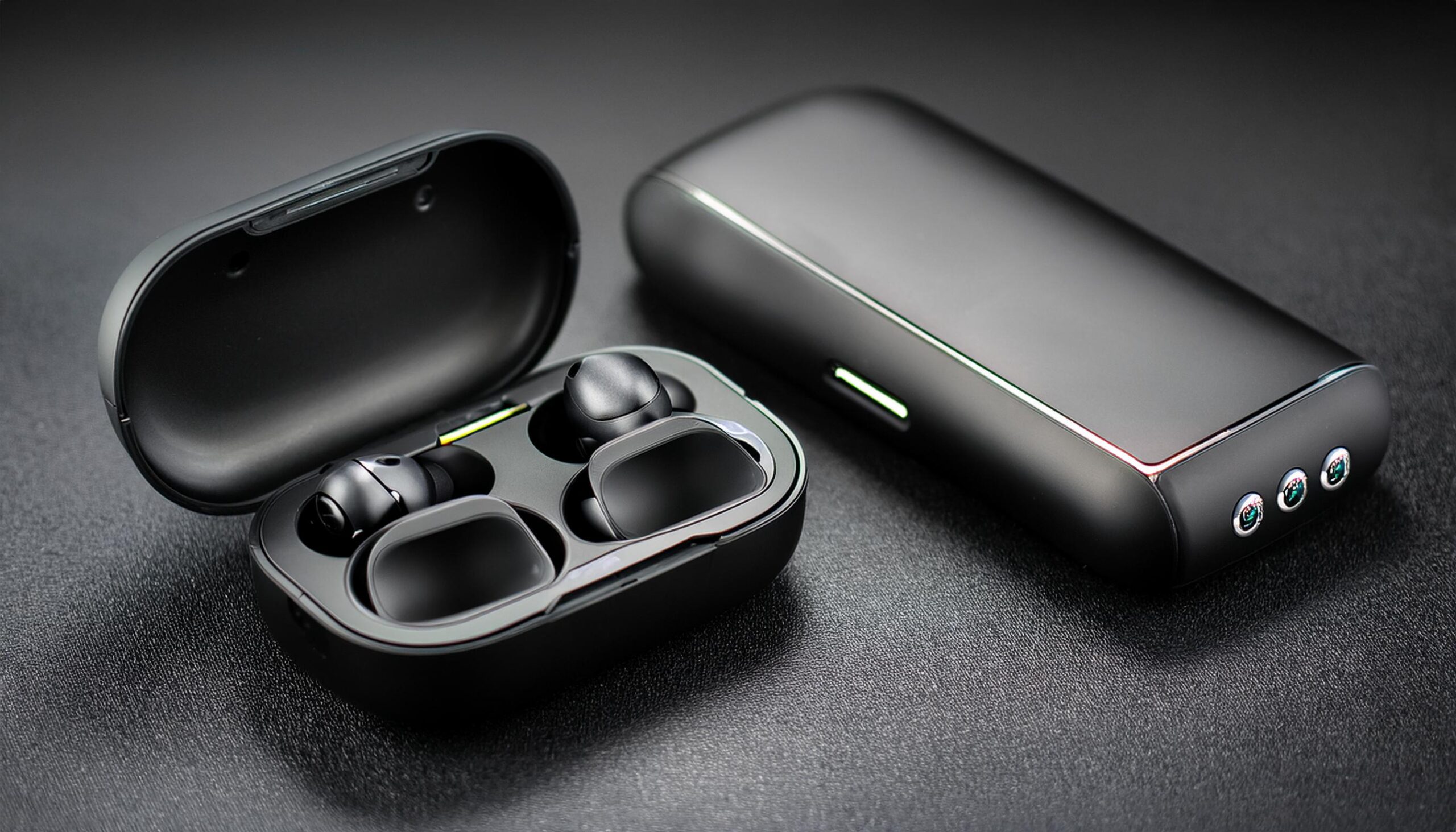 A sleek and modern pair of Ui brand wireless earbuds in a compact charging case alongside a stylis 31 01 2025 at 18 30 36 scaled