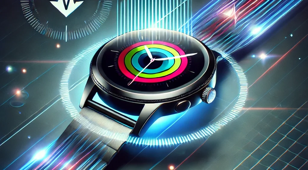 DALL·E 2025 01 27 20.25.23 A visually striking banner design showcasing a modern smartwatch with a 3D curved display. The watch is prominently featured at the center with a glo e1737989797900