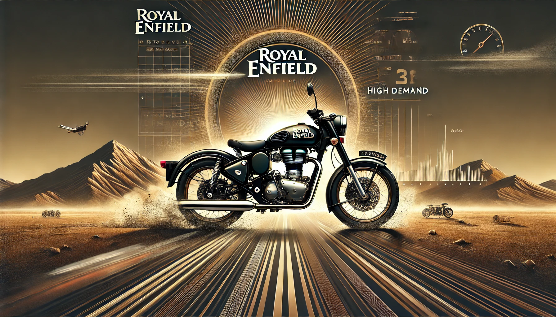 DALL·E 2025 01 27 20.32.22 A visually striking banner design showcasing a Royal Enfield motorcycle prominently placed in the center angled to highlight its iconic design and ru