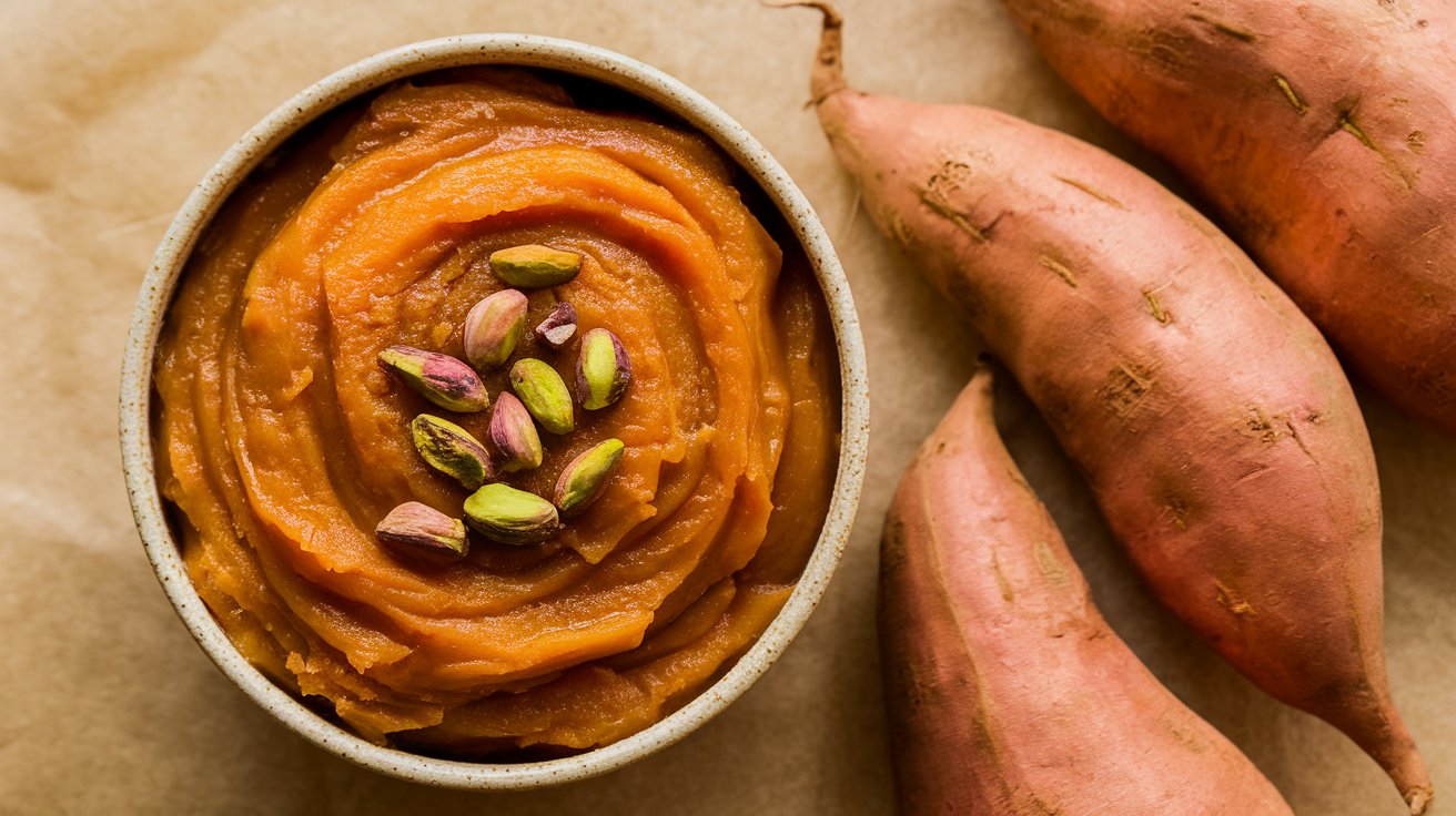 a photo of a bowl of sweet potato halwa  46JUbh2CRzGmhF 4Lw1KcA L8gNpX0cQdG4xynUPQdF6Q